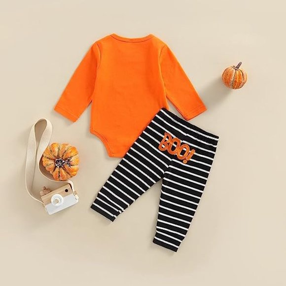 Just one you - Halloween Outfits Orange Long Sleeve Romper Boo Stripe Long Pants - Picture 3 of 4